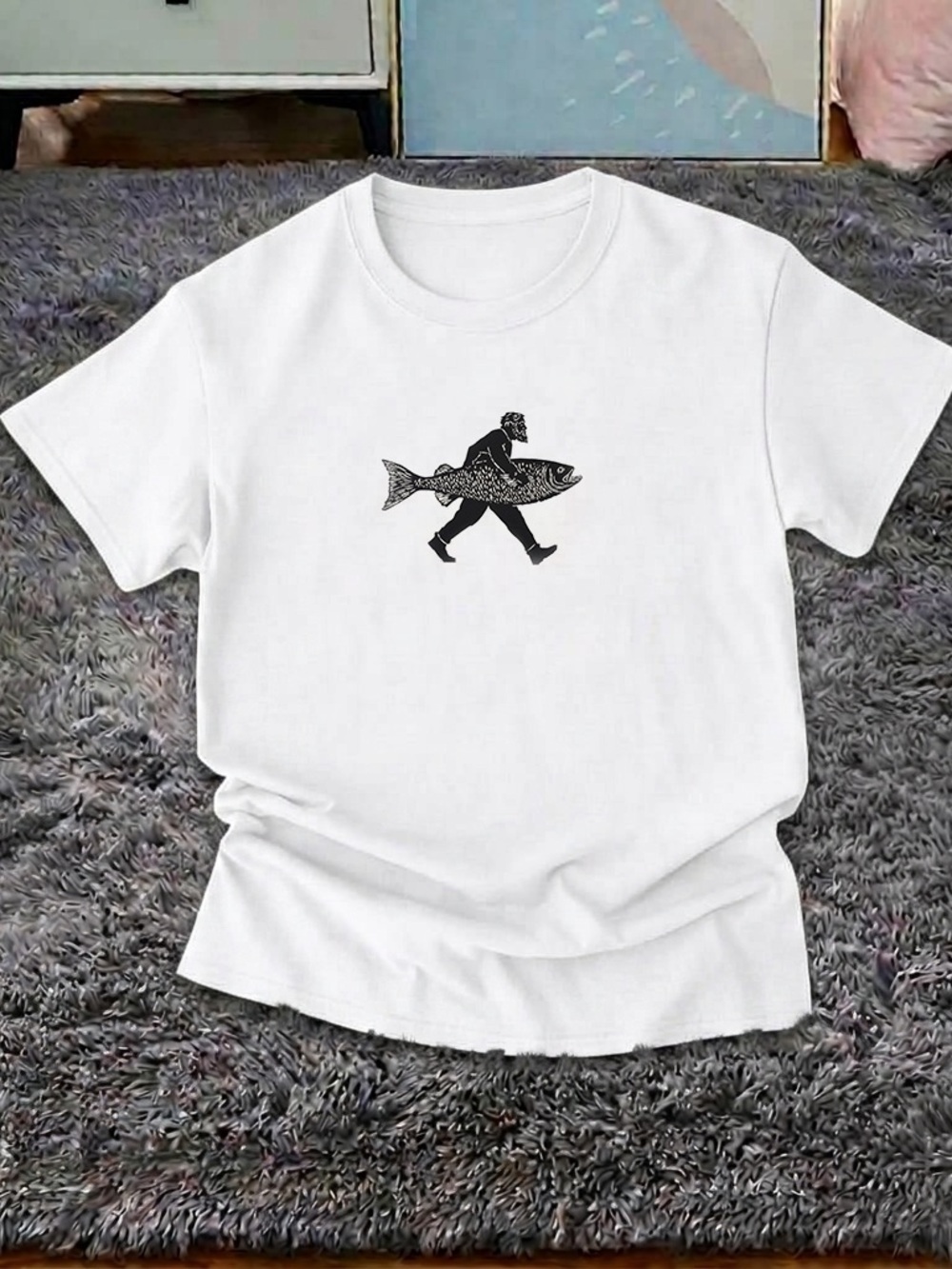Man Carrying Fish Shirt, Surreal Minimalist  Fish Graphic Tee - Unbranded Unisex